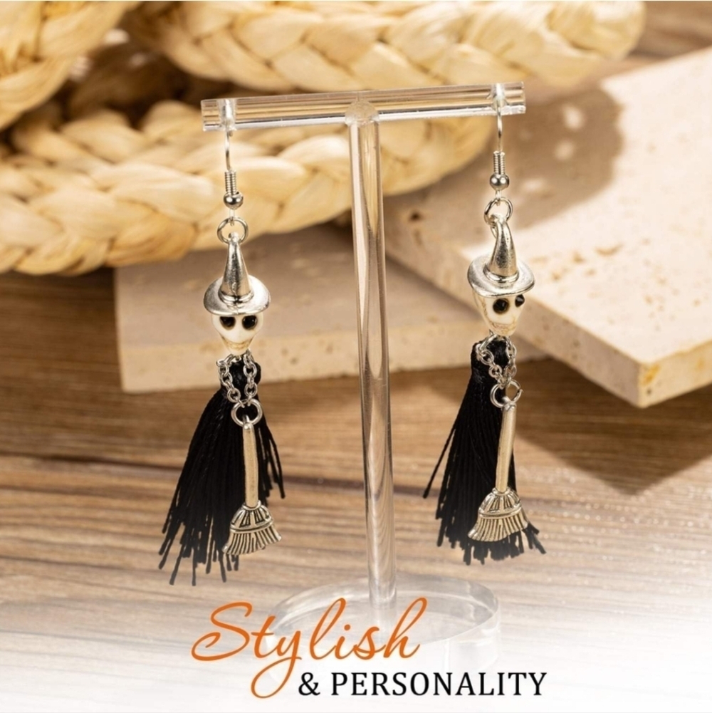 Women’s Jewelry Silver and Black Spooky Skeleton Witch Hat Long Dangle Earrings